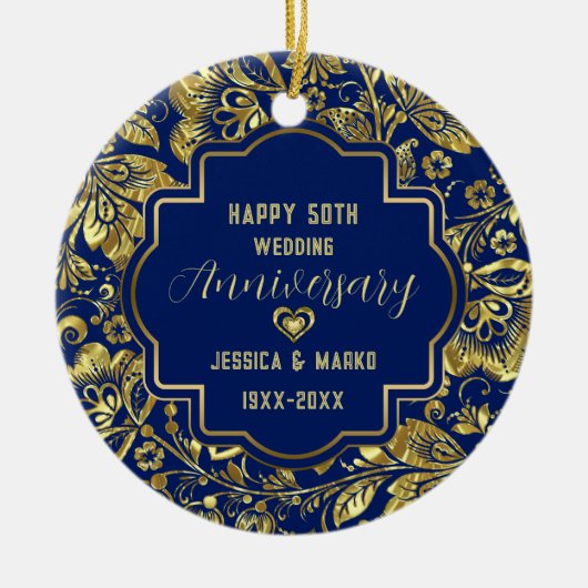 Blue & Gold 50th Wedding Jubileum Keramisch Ornament (Voorkant)
