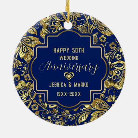 Blue & Gold 50th Wedding Jubileum Keramisch Ornament (Achterkant)