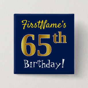 Blue, Gold 65th Birthday, With Custom Name Vierkante Button 5,1 Cm