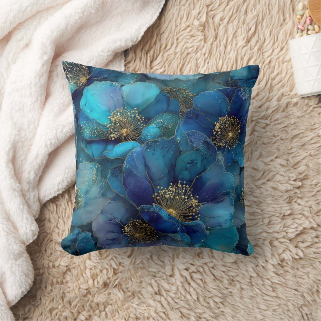 Blue Gold Abstract Watercolor Florals  Kussen (Deken)