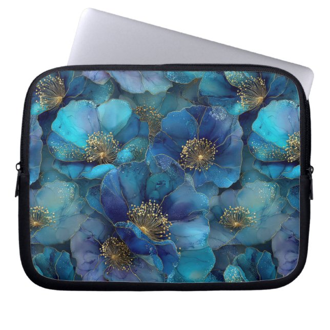 Blue Gold Abstract Watercolor Florals  Laptop Sleeve (Voorkant)
