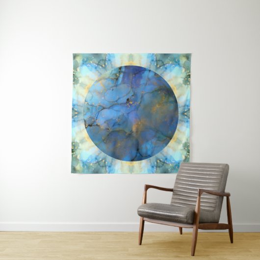 blue gold abstracte scifi orbb wandkleed (In situ)