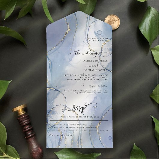 Blue Gold Accent Summer Wedding All In One Uitnodiging