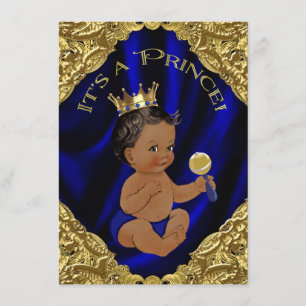 Blue Gold African American Prince Baby shower Kaart
