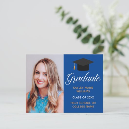 Blue Gold Afstuderen Foto Afstuderen aankondiging Briefkaart (Staand voorkant)