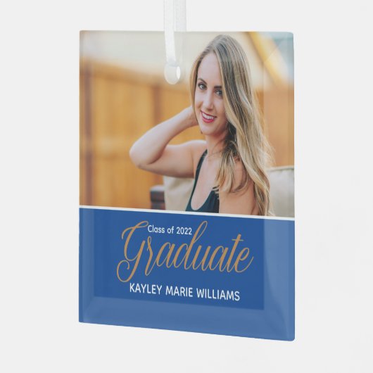 Blue Gold Afstuderen Foto Chic Afstuderen Kerstmis Glas Ornament (Voorkant links)
