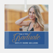 Blue Gold Afstuderen Foto Chic Afstuderen Kerstmis Glas Ornament (Voorkant)