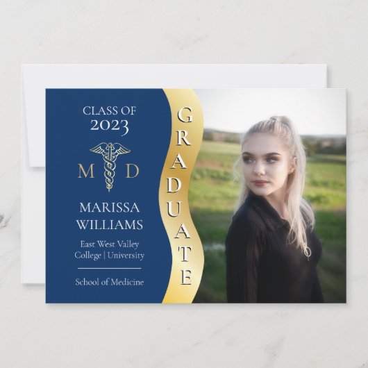 Blue Gold Afstuderen Wave Caduceus MD Medical Afst Aankondiging (Voorkant)