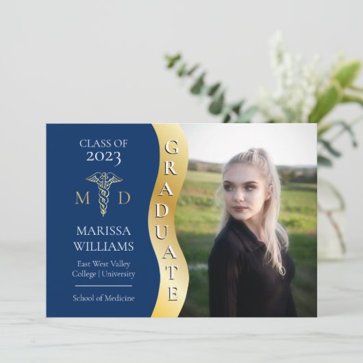 Blue Gold Afstuderen Wave Caduceus MD Medical Afst Aankondiging (Staand voorkant)