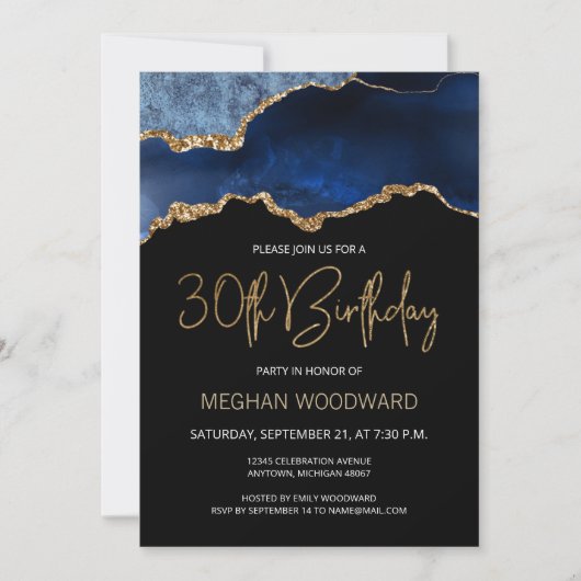 Blue Gold Agate 30th Birthday Party Invitation (Voorkant)