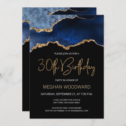 Blue Gold Agate 30th Birthday Party Invitation (Voorkant / Achterkant)
