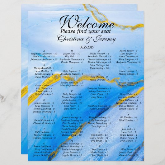 Blue Gold Agate A-Z Wedding Reception Seat Chart (Voorkant / Achterkant)