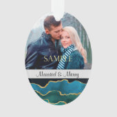 Blue Gold Agate Abstract gehuwd en vrolijk kerstfe Ornament (voorkant)