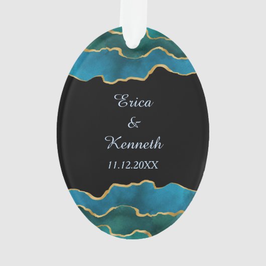 Blue Gold Agate Abstract gehuwd en vrolijk kerstfe Ornament (achterkant)