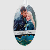 Blue Gold Agate Abstract gehuwd en vrolijk kerstfe Ornament (voorkant)