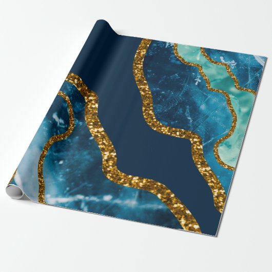 Blue & Gold Agate Geode Glitter Cadeaupapier (Uitgerold)