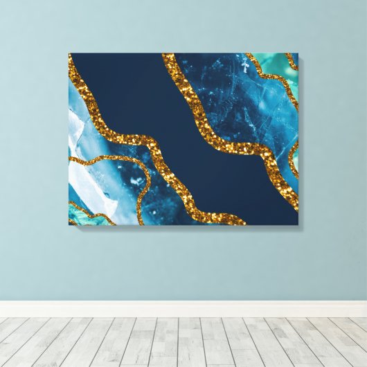Blue & Gold Agate Geode Glitter Canvas Afdruk (Insitu (Houten vloer))