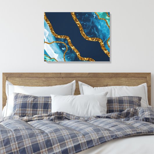 Blue & Gold Agate Geode Glitter Canvas Afdruk (Insitu (Slaapkamer))