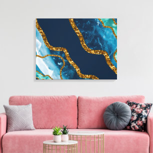 Blue & Gold Agate Geode Glitter Canvas Afdruk