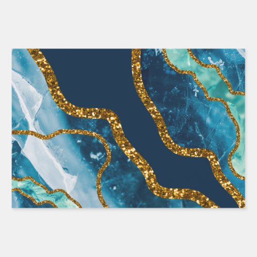 Blue & Gold Agate Geode Glitter Inpakpapier Vel (Voorkant 2)