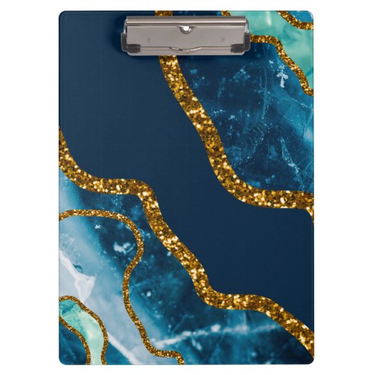 Blue & Gold Agate Geode Glitter Klembord (Voorkant)