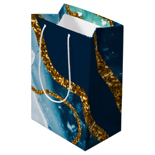 Blue & Gold Agate Geode Glitter Medium Cadeauzakje (Achterkant Gekanteld)