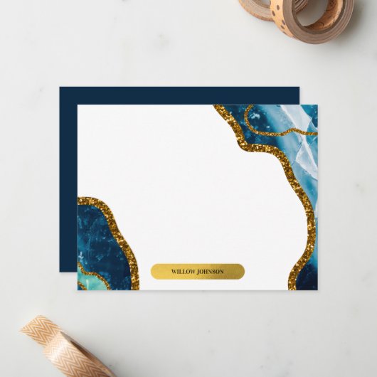 Blue & Gold Agate Geode Glitter Monogram Note Kaar Notitiekaartje (Voorkant / Achterkant in situ)