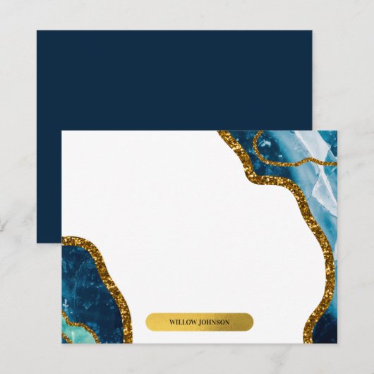 Blue & Gold Agate Geode Glitter Monogram Note Kaar Notitiekaartje (Voorkant / Achterkant)