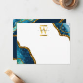 Blue & Gold Agate Geode Glitter Monogram Note Kaar Notitiekaartje (Voorkant / Achterkant in situ)