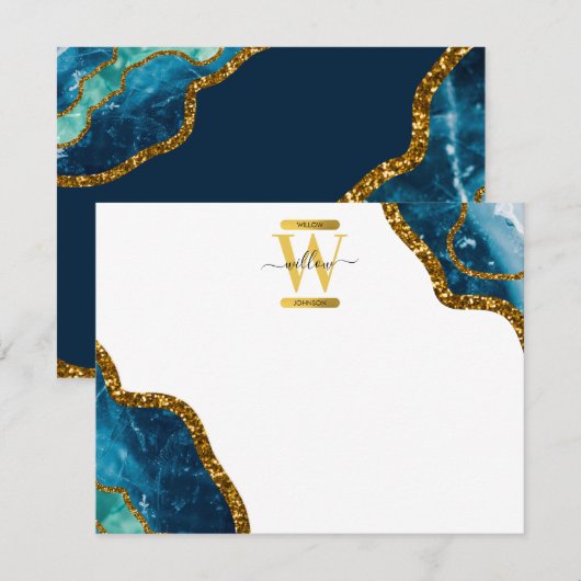 Blue & Gold Agate Geode Glitter Monogram Note Kaar Notitiekaartje (Voorkant / Achterkant)