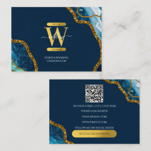 Blue Gold Agate Geode Glitter Monogram QR Code Visitekaartje