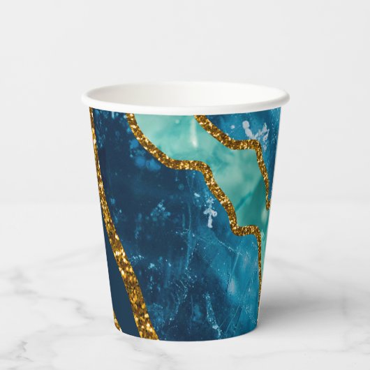 Blue & Gold Agate Geode Glitter Papieren Bekers (Achterkant)