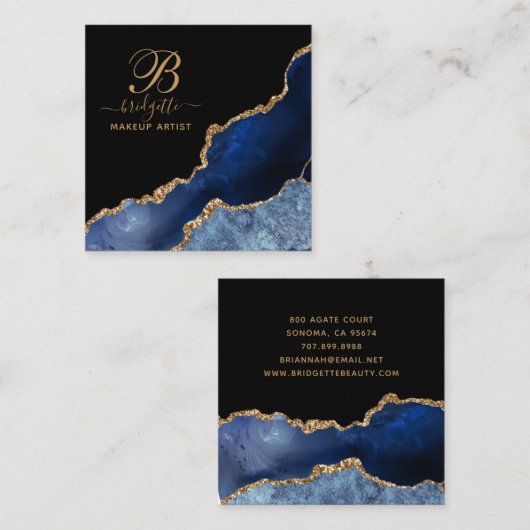 Blue Gold Agate Geode Makeup Artist Monogram Vierkante Visitekaartje (Voorkant / Achterkant)