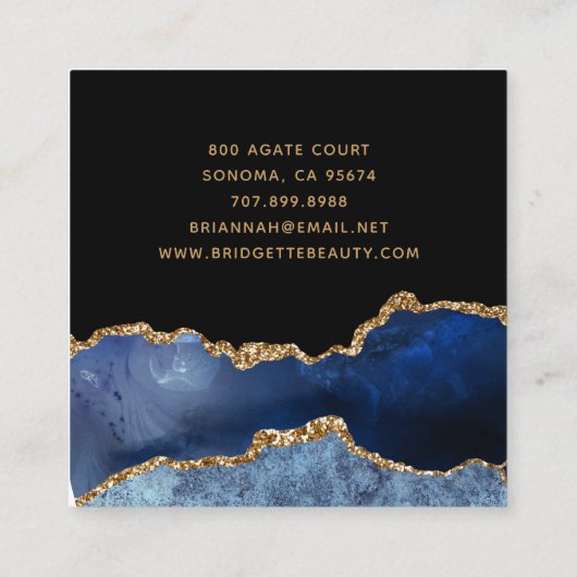 Blue Gold Agate Geode Makeup Artist Monogram Vierkante Visitekaartje (Achterkant)