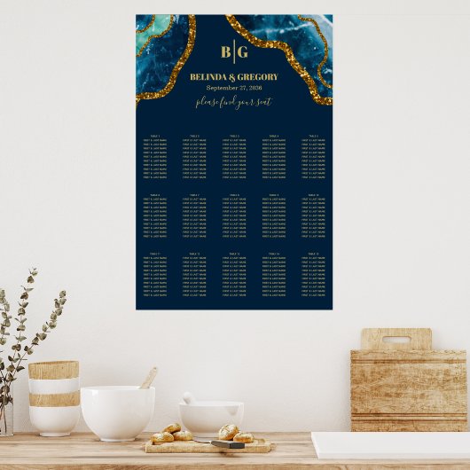 Blue Gold Agate Glitter Wedding Seding Chart Poster (Keuken)
