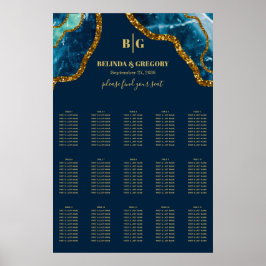 Blue Gold Agate Glitter Wedding Seding Chart Poster