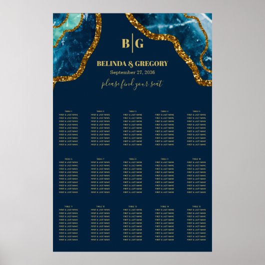 Blue Gold Agate Glitter Wedding Seding Chart Poster (Voorkant)