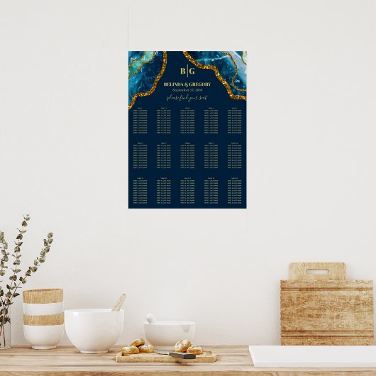 Blue Gold Agate Glitter Wedding Seding Chart Poster (Keuken)