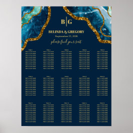 Blue Gold Agate Glitter Wedding Seding Chart Poster