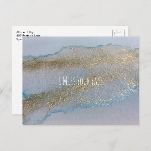 Blue Gold Alcohol Ink Abstract I Miss Your Face Briefkaart (Voorkant / Achterkant)