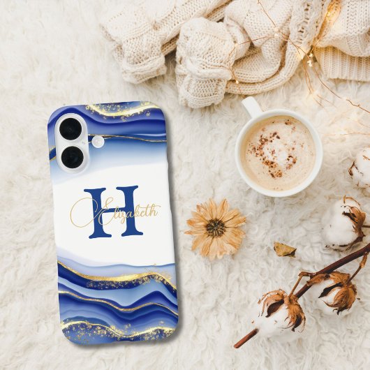 Blue Gold Alcohol Ink Monogram Naam Initiaal Case-Mate iPhone Case