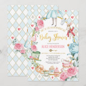 Blue Gold Alice in Wonderland Baby shower Tea Kaart (Voorkant / Achterkant)