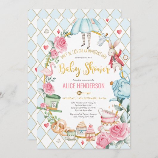 Blue Gold Alice in Wonderland Baby shower Tea Kaart (Voorkant / Achterkant)