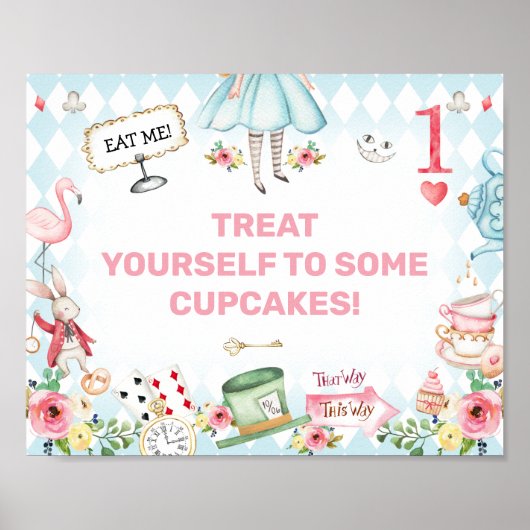 Blue Gold Alice One-derland 1st Birthday Sign Poster (Voorkant)
