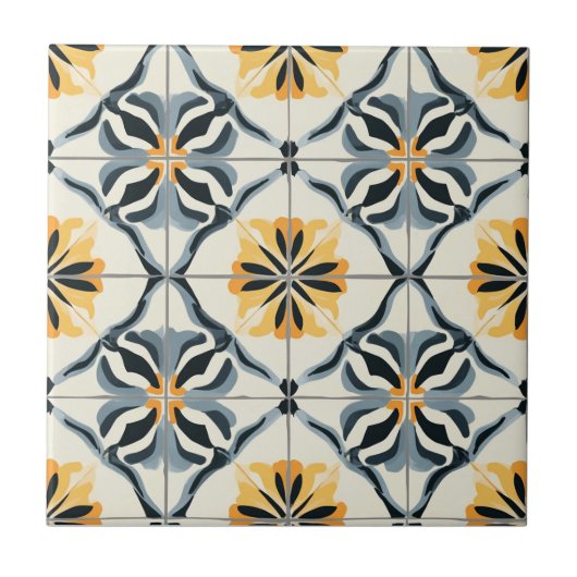 Blue Gold and Off White Pattern Ceramic Tile Tegeltje (Voorkant)