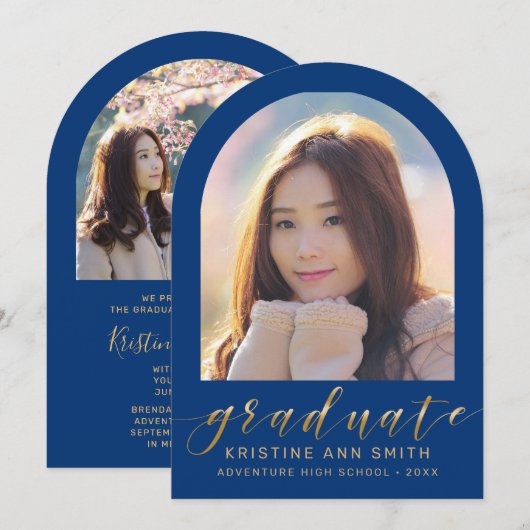 Blue Gold Arch 2 Photo Afstuderen aangekondigd Kaart (Voorkant / Achterkant)