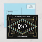 Blue & Gold Art Deco Gatsby-Inspired Wedding Briefkaart (Voorkant / Achterkant)