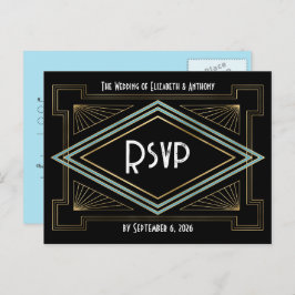 Blue & Gold Art Deco Gatsby-Inspired Wedding Briefkaart