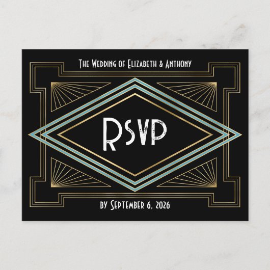 Blue & Gold Art Deco Gatsby-Inspired Wedding Briefkaart (Voorkant)