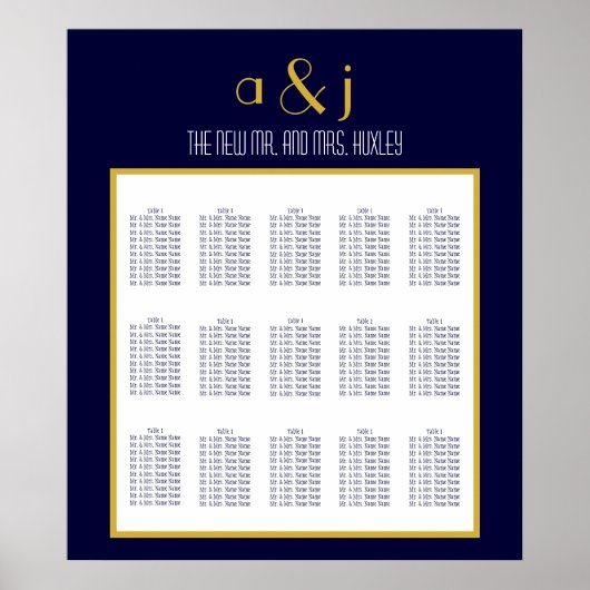 Blue Gold Art Deco Wedding Seating Chart 150 Poster (Voorkant)